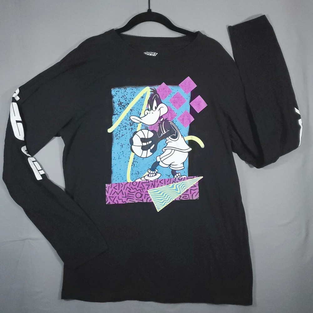 Looney Tunes Shirt Mens XL Black Long Sleeve Daffy Duck Screen Print Basketball